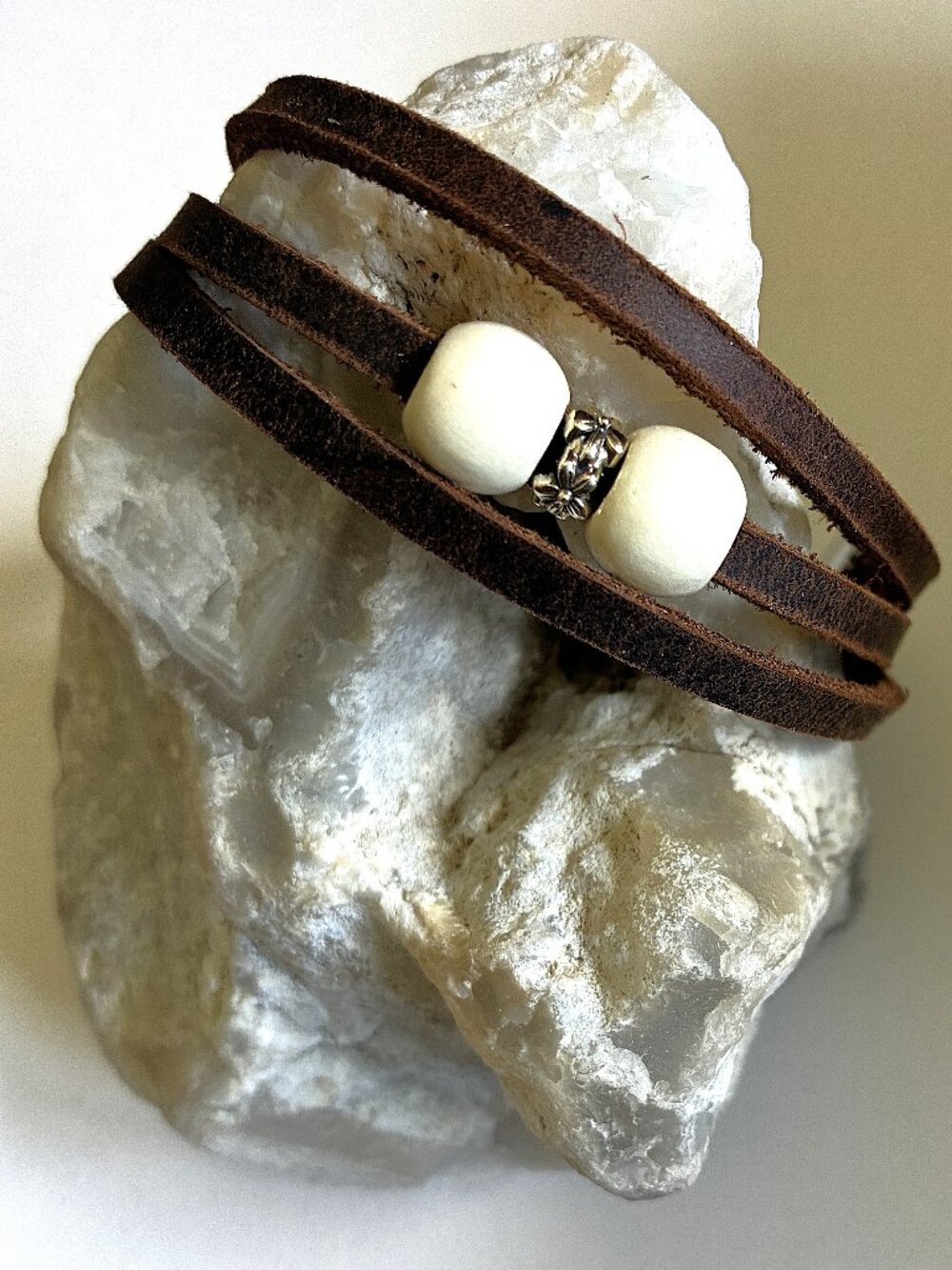 Handmade Genuine Leather Bracelet w/ Silver Clover & “S” Charm